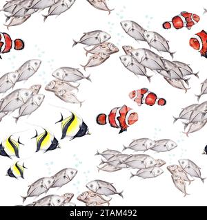 Nahtloses Muster mit tropischen Rifffischen. Anemonenfisch. Handgezeichnete Aquarellillustration isoliert auf weißem Hintergrund. Für Tauchshops Broschüren, Stockfoto