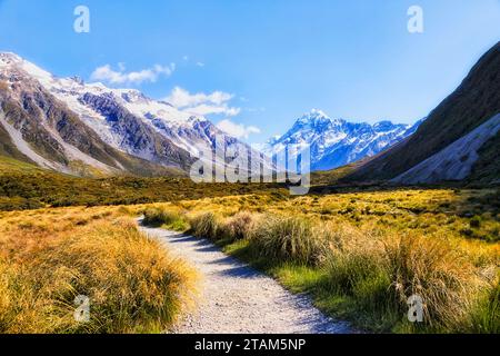 Malerischer Wanderweg im Hooker Valley in Neuseeland führt zum majestätischen Mt Cook - beliebtes Touristenziel. Stockfoto