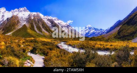 Hooker River im malerischen Bergtal am Mt Cook of New Zealand. Stockfoto