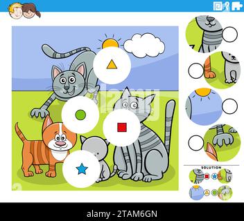 Cartoon Illustration des lehrreichen Match the Pieces Puzzlespiel mit Comic Katzen Tierfiguren Stock Vektor
