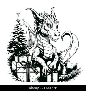 Süßer kleiner Drache. Malbuch für Kinder. Baby Drache mit Geschenken und Weihnachtsbaum. Zeichentrickvektor-Winterfigur Illustration. Stock Vektor