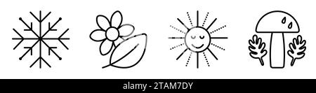 Four Seasons Icon Set, schwarze Linien Vektorzeichen für Winter, Frühling, Sommer und Herbst Stock Vektor