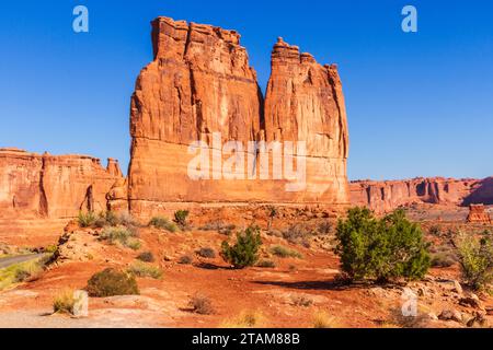 Die Orgel Sandsteinformation im frühen Morgenlicht im Arches National Park in Utah. Stockfoto