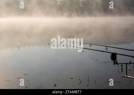 Angelruten am Ufer eines Nebelsees bei Sonnenaufgang Stockfoto