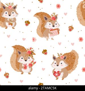 Eine skurrile Illustration einer Gruppe entzückender Zeichentrickhörnchen mit Blumen, die jeweils ein hell gewickeltes Geschenk halten. Vektor-Eichhörnchen nahtloses Muster Stock Vektor