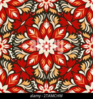 Eine lebendige Vintage-Symphonie mit auffälligen Weihnachtsflormotiven, nahtlosem Muster, Stoff-Leinwand, roter Natur, grenzenloser Schönheit verzierter Folk-Fliesen Stock Vektor