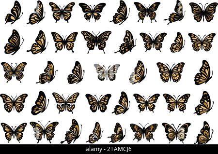 Vektor Monarch Schmetterling schwarz und orange Silhouette Set Ausschnitt Insektenflügel Flügel Tier Sommer Frühling Natur Fliege Kollektion. Motte schönes Design Stock Vektor