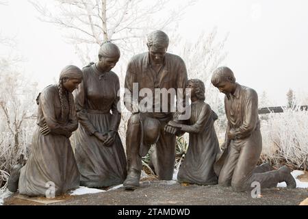 Journey's End Statue, ist dies der Ort Heritage Park, Mormon Pioneer National Historic Trail, Salt Lake City, Utah Stockfoto