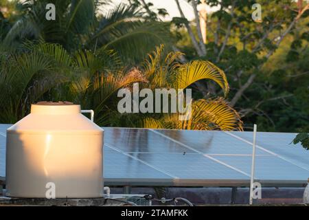 Haus in der Mitte der Natur hat Solarpaneele installiert und einen Wassertank auf dem Dach. Nachhaltige Technologie, umweltfreundlich Stockfoto