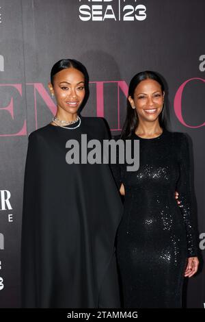 Dschidda, Frankreich. Dezember 2023. Zoe Saldana und Cinsise Saldana nehmen an der Gala Frauen im Kino während des Internationalen Filmfestivals am Roten Meer 2023 am 1. Dezember 2023 in Dschidda, Saudi-Arabien, Teil. (Foto: Lyvans Boolaky/ÙPtertainment/SIPA USA) Credit: SIPA USA/Alamy Live News Stockfoto