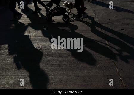 Santiago, Metropolitana, Chile. Dezember 2023. In Santiago, Chile, wird ein Hund beim Sonnenuntergang unter Menschen gesehen. (Kreditbild: © Matias Basualdo/ZUMA Press Wire) NUR REDAKTIONELLE VERWENDUNG! Nicht für kommerzielle ZWECKE! Stockfoto