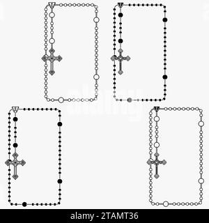 Vektordesign des Rahmens für Fotografie mit katholischem Rosenkranz, Rosenkranz mit christlichem Kreuz mit quadratischer Form, Symbol der katholischen Religion Stock Vektor