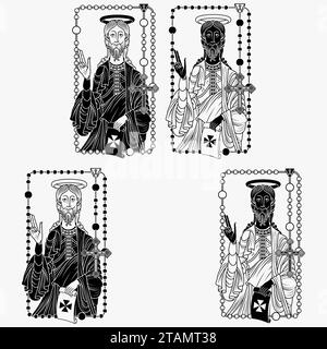 Vektordesign des Apostels St. Jakobus mit altem Pergament, Apostel St. Jakobus mit christlichem Rosenkranz als Rahmen Stock Vektor