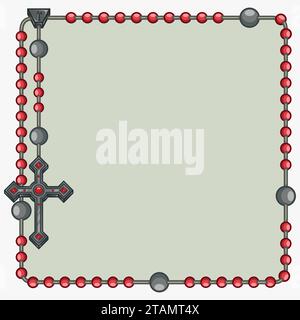 Vektordesign des Rahmens für Fotografie mit katholischem Rosenkranz, Rosenkranz mit christlichem Kreuz mit quadratischer Form, Symbol der katholischen Religion Stock Vektor