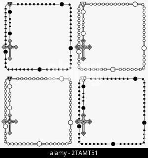 Vektordesign des Rahmens für Fotografie mit katholischem Rosenkranz, Rosenkranz mit christlichem Kreuz mit quadratischer Form, Symbol der katholischen Religion Stock Vektor