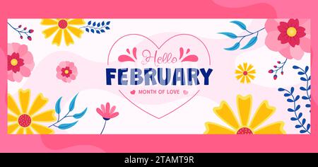Hallo Februar Cover Flat Cartoon Hand Gezeichnete Vorlagen Hintergrund Illustration Stock Vektor