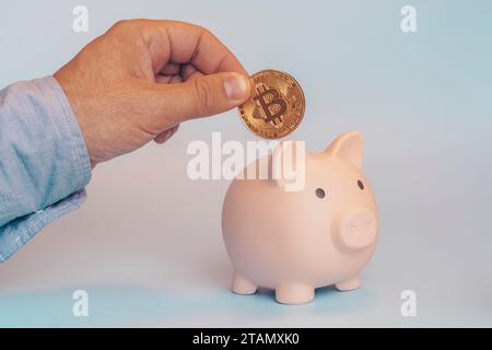 Kryptowährung und Speicherkonzept. Schweinebank, Hand hält goldene Bitcoin-Münze virtuelles Geld. Stockfoto