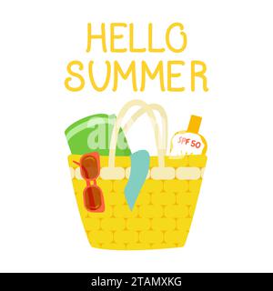 Vektorabbildung. Hallo Summer – Handschriftdesign. Die Inschrift auf weißem Hintergrund. Große gelbe Strandtasche mit Handtuch, Sonnencreme, Sonnencreme Stock Vektor