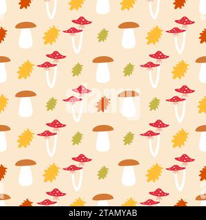 Nahtloses Vektormuster. Herbst. Pilze mit Blättern Stock Vektor