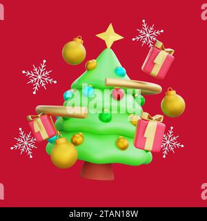 3D-Illustration des Weihnachtsbaums mit bunten Ornamenten und Geschenken. Der Baum, vor einem schneeweißen Hintergrund mit blauen Schneeflocken, Crea Stockfoto