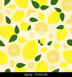 Nahtloses Muster des Sommervektors mit Zitronen auf gelbem Hintergrund. Stock Vektor