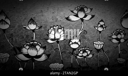 Schwarz-weiße Ölgemälde im thailändischen Stil mit Lotusblume Stockfoto