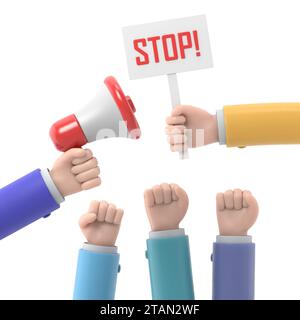Zeichentrickhände von Dämonstranten und Hand mit Megaphon und Stoppzeichen, Protestkonzept, Revolution, Konflikt, 3D-Rendering auf weißem Hintergrund. Stockfoto