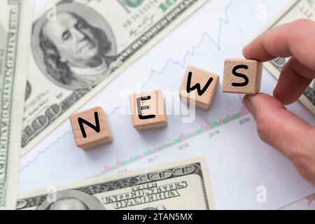 Das Wort News steht auf der weißen Karte. Karte auf dem Hintergrund von 100-Dollar-Scheinen und einem Taschenrechner. Geschäftskonzept Stockfoto