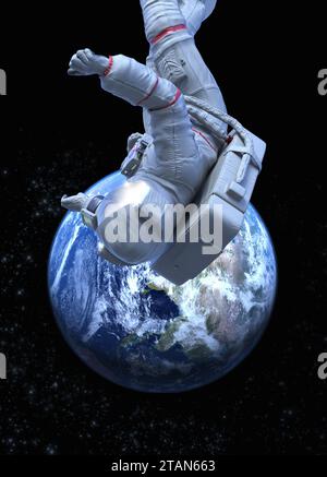 Astronaut schwimmt über der Erde, Illustration Stockfoto