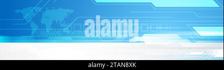Blaugraue Technologie-Banner mit Weltkarte und Quadraten. Hintergrund des geometrischen Vektors Stock Vektor