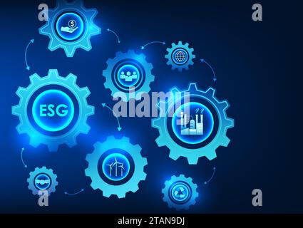 Die ESG-Technologie und die Symbole im Gerät zeigen den Antrieb für Investitionen in Unternehmen in die Umwelt, die Gesellschaft und verantwortungsvolle Regierungsführung. Es ist eine nachhaltige Entwicklung Stock Vektor