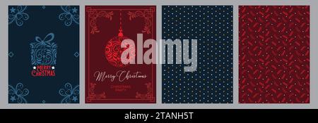 Set von Weihnachten und Happy New Year Grußkarten in verschiedenen Farben mit Blumenpflanzen, Buchstaben Kalligraphie Ästhetik Ornament Vektor, Elemente Stock Vektor