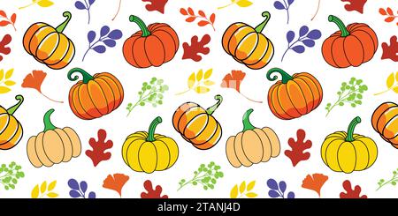 Kürbis mit verschiedenen Herbstblatt-Kombinationen Muster-Design für Thanksgiving, Banner, Poster, Grüße, Cover usw. Stock Vektor