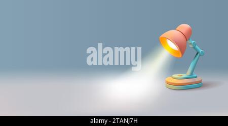 3D-Rendering-Vektor-Illustration der Schreibtischlampe mit verstellbarem Körper in blauen und orangen Farben, mit leuchtendem Lichtstrahl, Retro-Stil modern aussehende Combo Stock Vektor