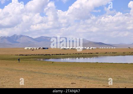 Riesige kirgisische Steppe in der Nähe des Songkol-Sees. Berge im Hintergrund in Kirgisistan Stockfoto