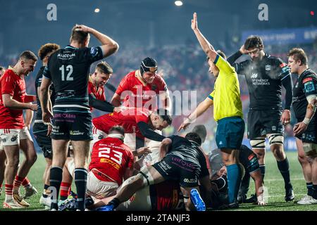 1. Dezember 2023, Musgrave Park, Cork, Irland: United Rugby Championship: Munster 40 - Glasgow Warriors 29 Stockfoto