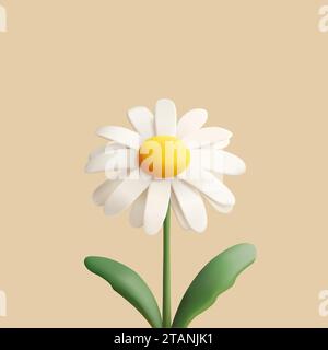 Niedliche Kamille oder Gänseblümchenblume 3D-Illustration. Postkartengrafiken im Cartoon-Rendering-Stil Stock Vektor