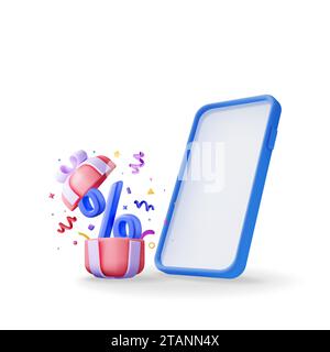 3D-Geschenkbox mit Prozentsymbol und Smartphone Stock Vektor