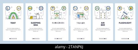 Vektorvorlage für Website und Onboarding von mobilen Apps für Campingausrüstung Stock Vektor