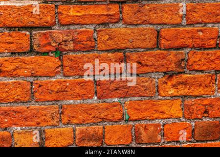 Alte Ziegelwand roter Farbe, beschädigtes Mauerwerk als abstrakte Hintergrundkomposition. Texturierte Oberfläche aus Stuckstruktur mit Löchern und Schrammen. Stockfoto