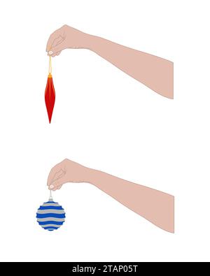 Illustration von Nahhänden, die Weihnachtskugelornamente auf weiß halten Stockfoto