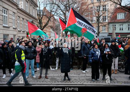 Demonstration der Solidarität mit Palästina in Kopenhagen, Samstag, 2. Dezember 2023. Stopp der Annexion Palästinas und das palästinensische Solidaritätsnetzwerk gehören zu den Organisatoren der Demonstration anlässlich des globalen Protesttages für Solidarität mit dem palästinensischen Volk. (Foto: Emil Helms/Scanpix 2023) Stockfoto