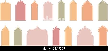 Moderne Boho-Farben ergänzen die Kollektion von Fenstern und Bögen im orientalischen Stil. Minimalistische Designelemente schaffen eine elegante Ästhetik. Stock Vektor