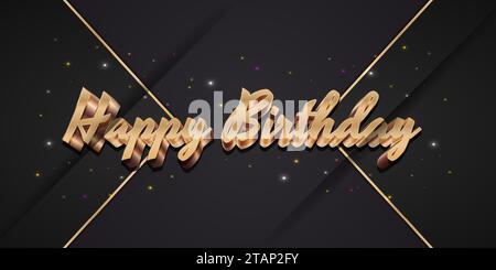 Happy Birthday Text in 3D Gold mit elegantem schwarzem Hintergrund und strahlendem Licht Stock Vektor