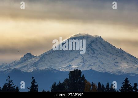 Ein Blick auf den Mount Rainier mit Wolken, die von der Nachmittagssonne erstrahlen. Stockfoto