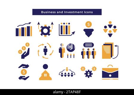 Set von Geschäfts- und Investitionssymbolen. Enthält Geschäftsleute, Arbeitsplatz, Personalwesen, Kommunikation, Teamstruktur und mehr Stock Vektor