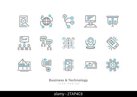 Satz von Geschäfts- und Technologiesymbolen mit einfacher Linienart. Enthält Computer, Daten, Verbindung, Community, Microchip, Smartphone, Konfiguration und Stock Vektor