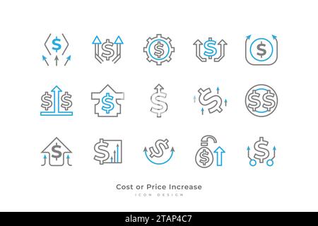 Symbolgruppe „Kosten“ oder „Preiserhöhung“ mit einfacher Linienart. Business- und Finanzdarstellung. Erhöhung Des Geldsatzes. Symbol Für Investitionswachstum Stock Vektor