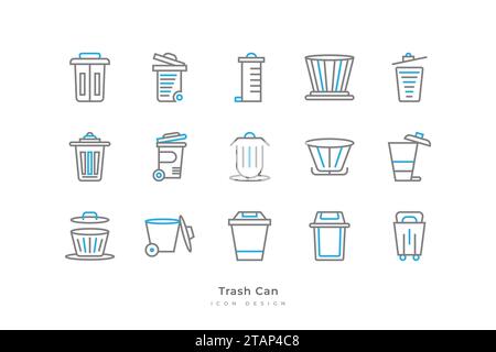 Trash Can Icon Set with Simple Line Style. Rubbish Bin Vector Illustration Stock Vektor