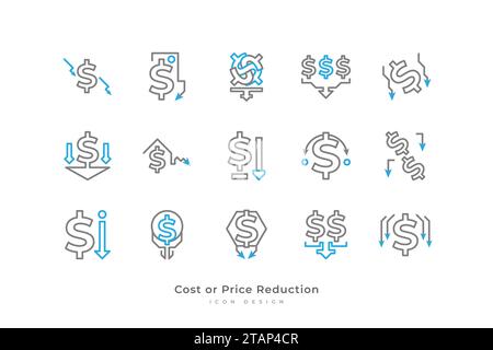 Symbolgruppe „Kosten“ oder „Preisreduzierung“ mit einfacher Linienart. Business- und Finanzdarstellung. Reduzierte Finanzierung. Symbol Verkleinern Stock Vektor